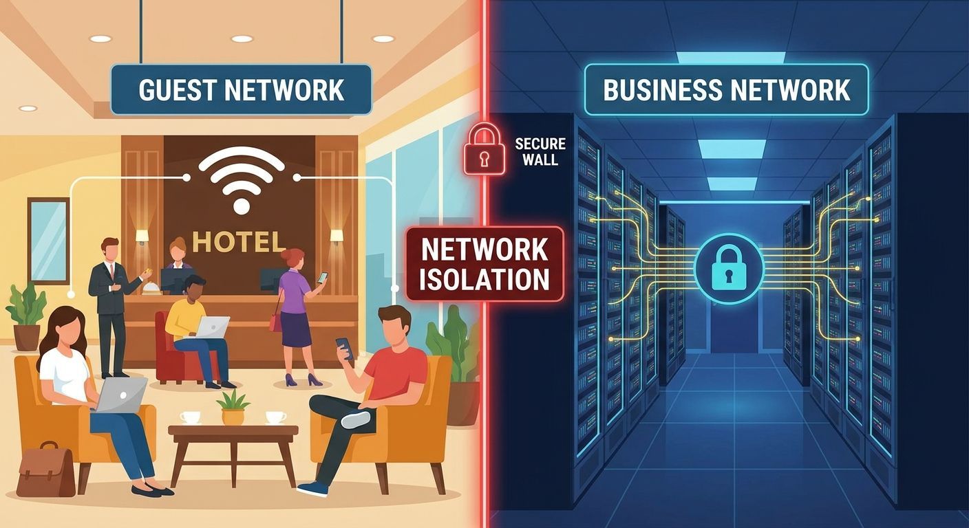 Split illustration: a Guest Network of hotel lobby devices on the left, a Business Network of padlocked servers on the right, divided by Network Isolation.