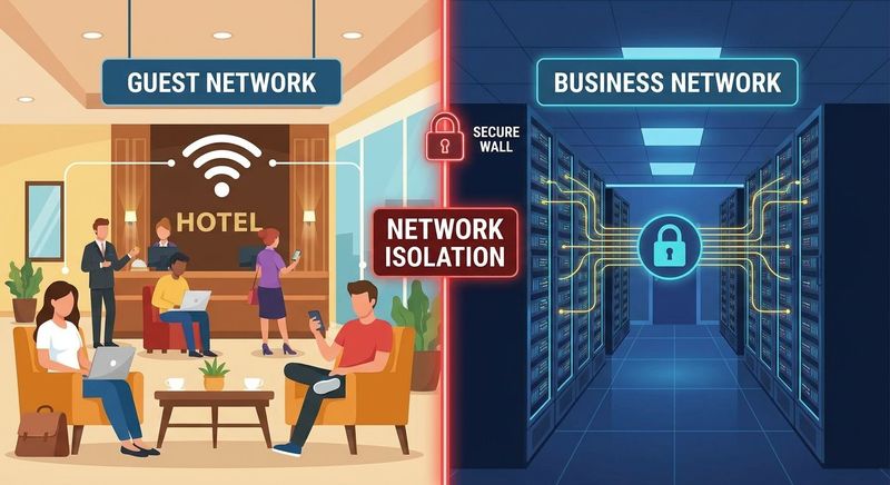 Split illustration: a Guest Network of hotel lobby devices on the left, a Business Network of padlocked servers on the right, divided by Network Isolation.