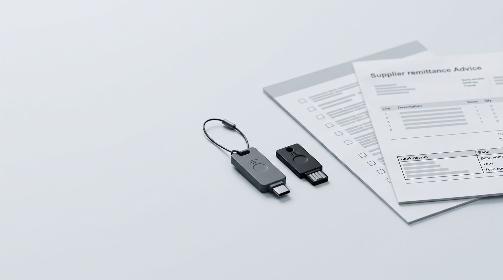 Two black USB security keys and stacked documents labeled Supplier Remittance Advice on a white surface.