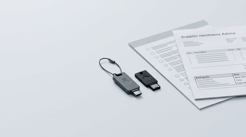 Two black USB security keys and stacked documents labeled Supplier Remittance Advice on a white surface.