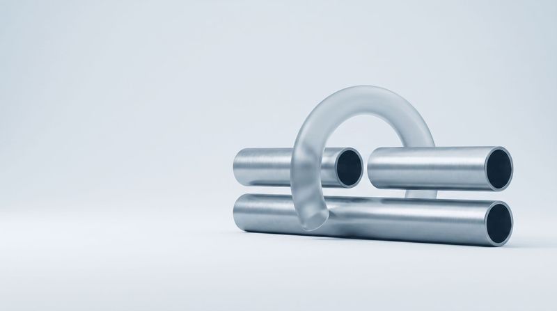 Two steel pipes, the upper one broken and bridged by a glass arc