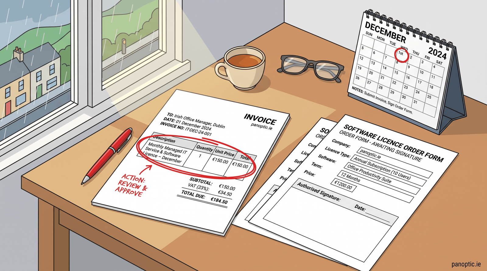 A desk with an invoice marked for review and approval, a software licence order form, a calendar showing December 2024, a coffee cup, glasses, and a red pen near a window.