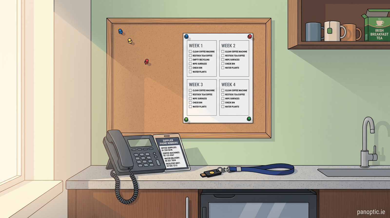 An office kitchen counter displays a cork bulletin board with a four-week checklist, a desk phone, a lanyard, and a key fob next to a tap.