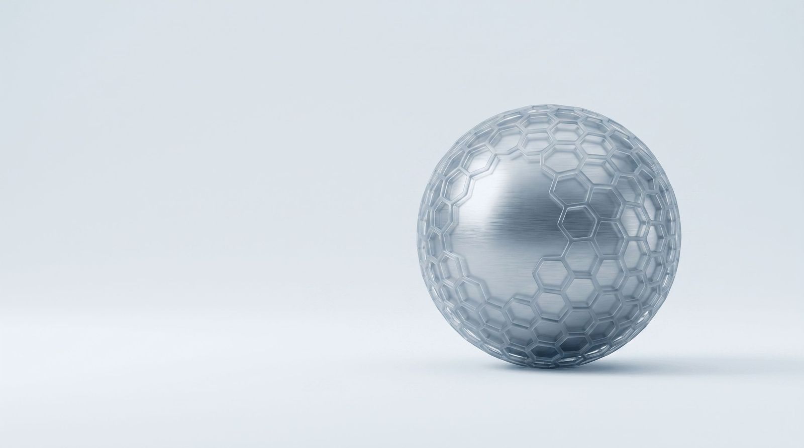 A steel sphere partly wrapped in a glass mesh, with one section left exposed