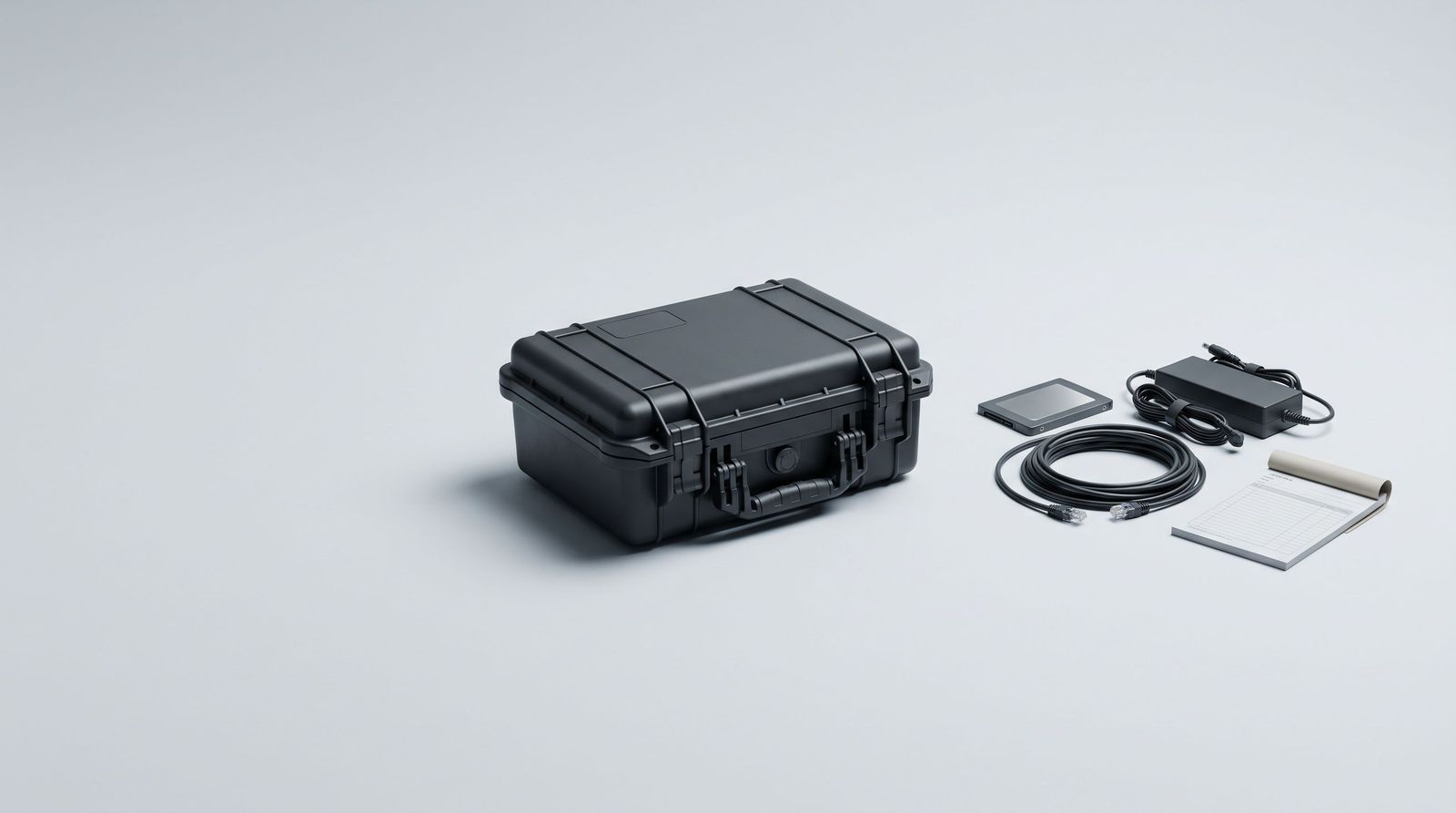 A black protective case with latches next to accessories including a power adapter, ethernet cable, tablet device, and notepad.
