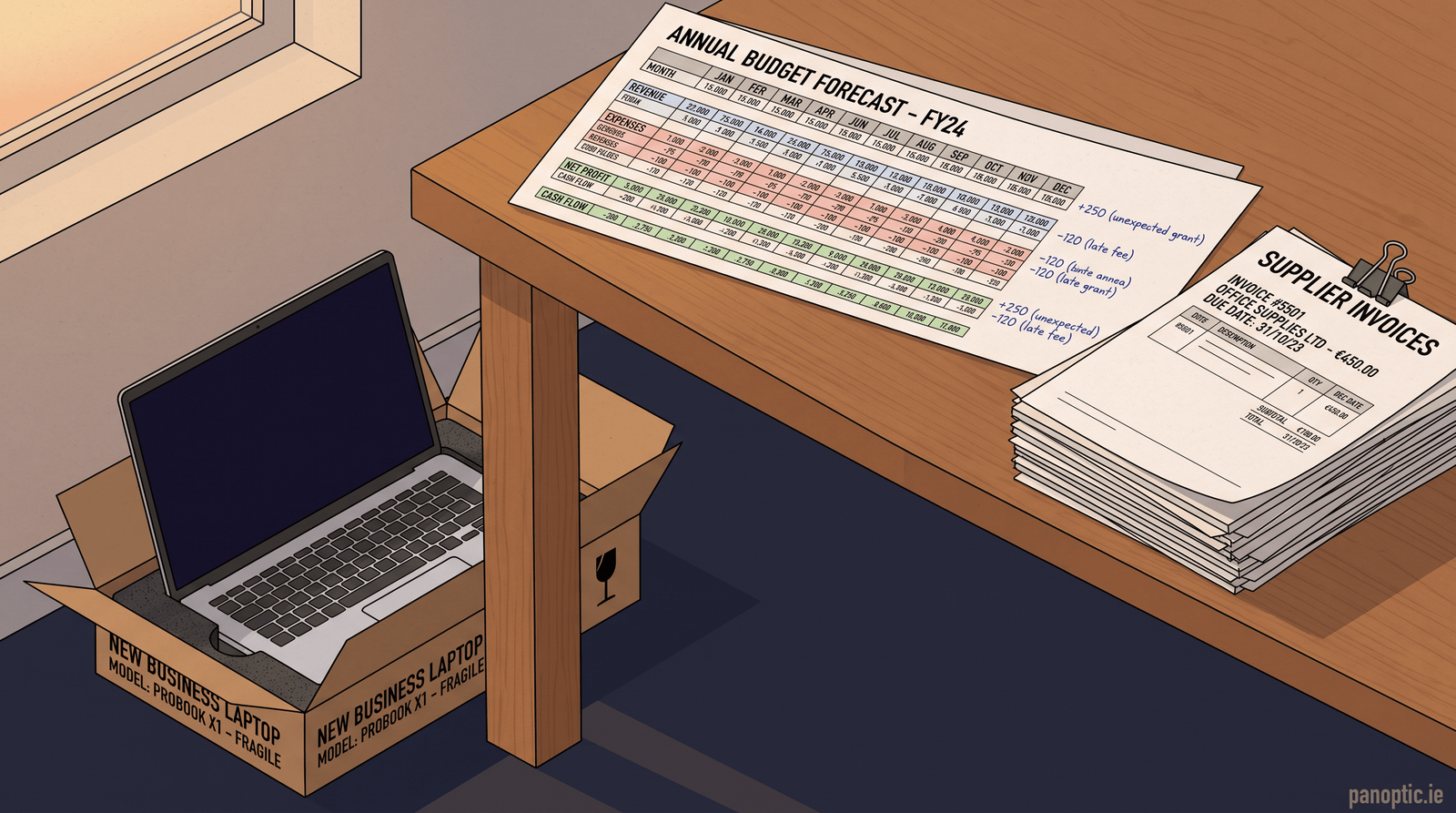 A desk with a laptop in a cardboard box, an Annual Budget Forecast spreadsheet, and a stack of Supplier Invoices documents.