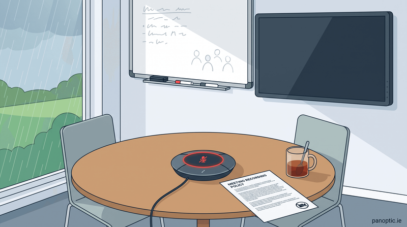 A conference room with a round table containing a recording device, cup of tea, and meeting policy document, with whiteboards and monitors on the walls.