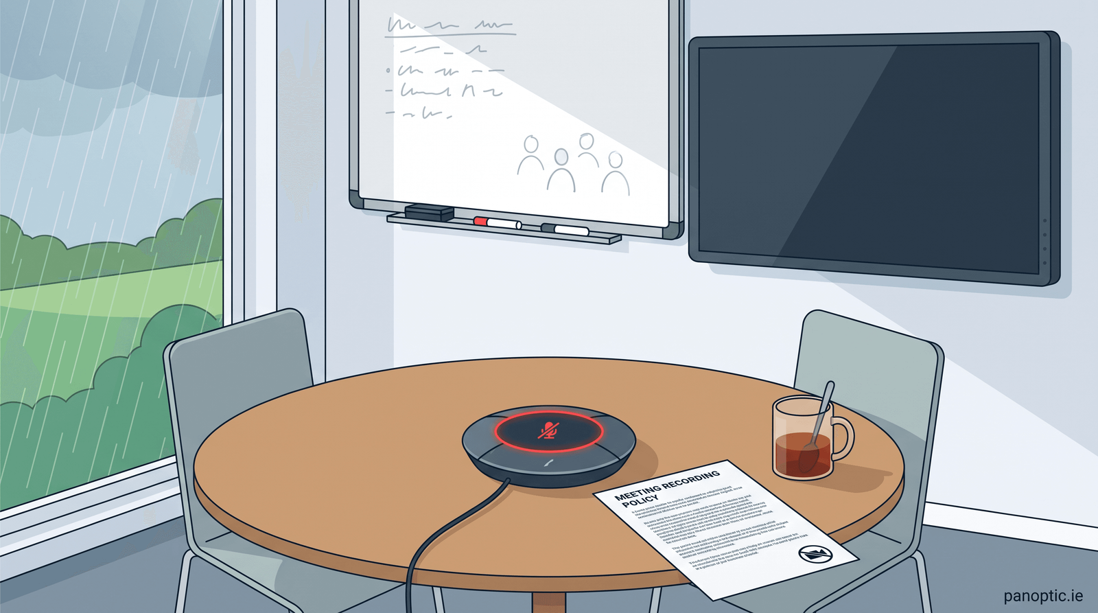 A conference room with a round table containing a recording device, cup of tea, and meeting policy document, with whiteboards and monitors on the walls.