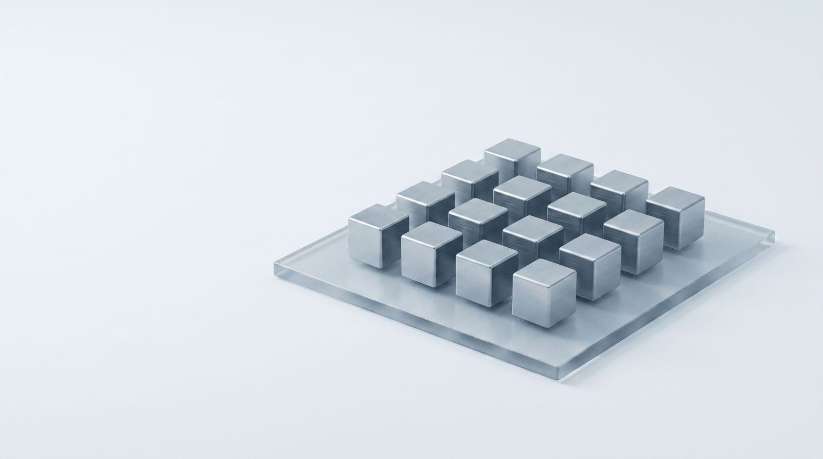 A grid of identical small steel cubes arranged on a single glass panel