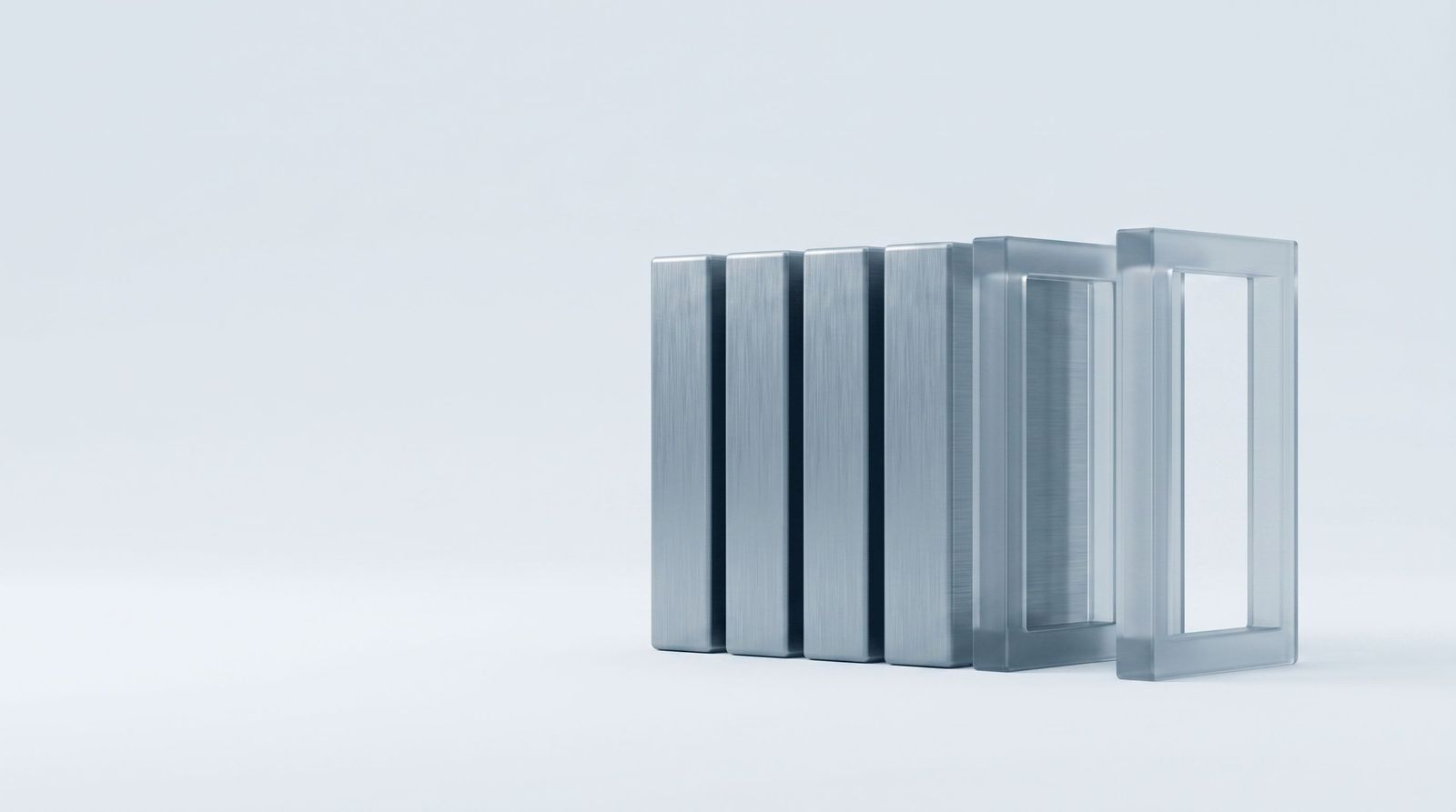 Five solid steel blocks followed by two empty glass outline slots
