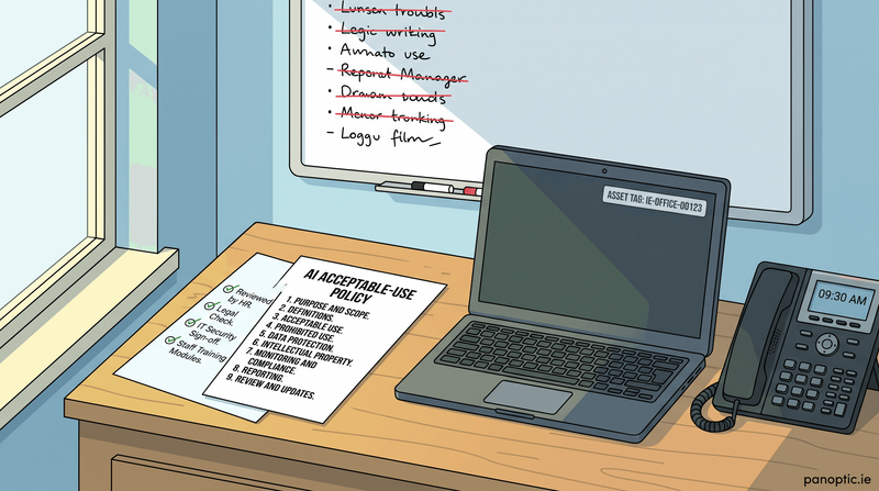 A desk with a whiteboard, printed AI acceptable-use policy document, laptop with asset tag, and office phone.