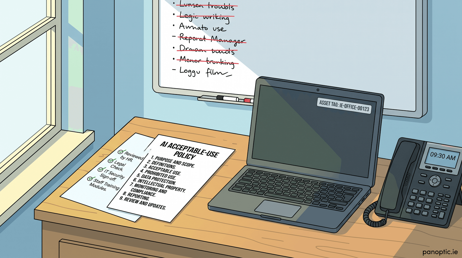 A desk with a whiteboard, printed AI acceptable-use policy document, laptop with asset tag, and office phone.