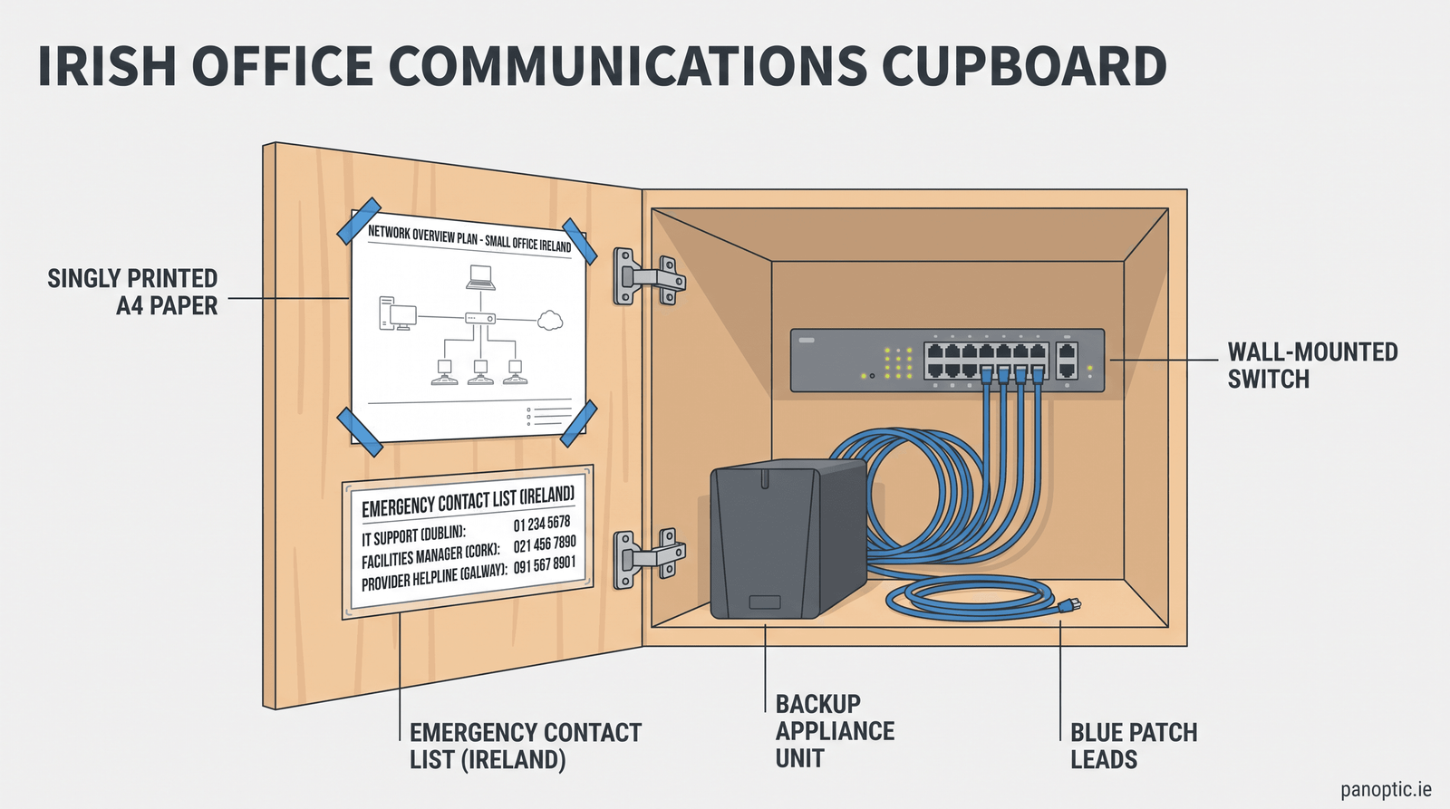 A wooden cupboard containing a network diagram, emergency contact list, wall-mounted switch, backup appliance unit, and blue patch leads.