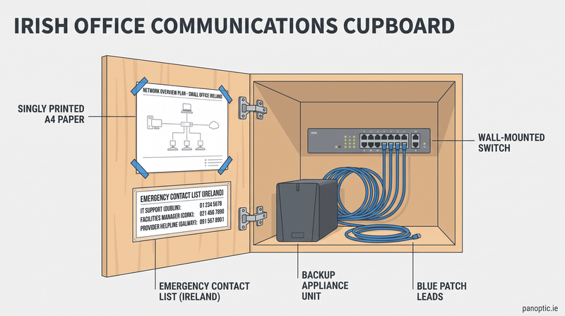 A wooden cupboard containing a network diagram, emergency contact list, wall-mounted switch, backup appliance unit, and blue patch leads.
