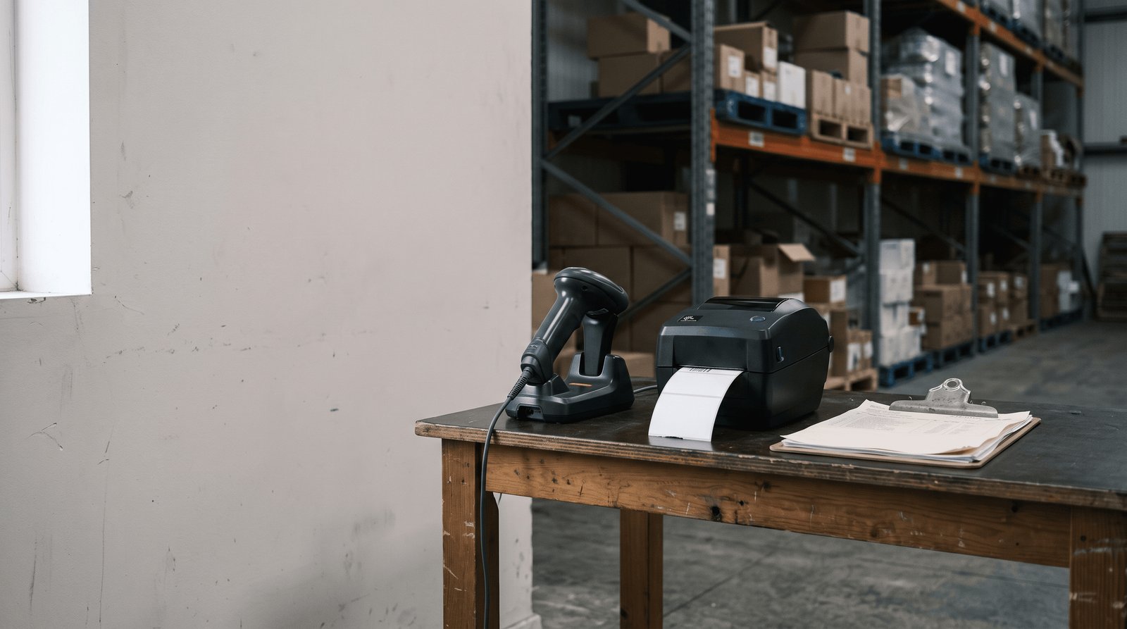 A wooden table in a warehouse holds a barcode scanner, receipt printer, clipboard with papers, and a small clear object.