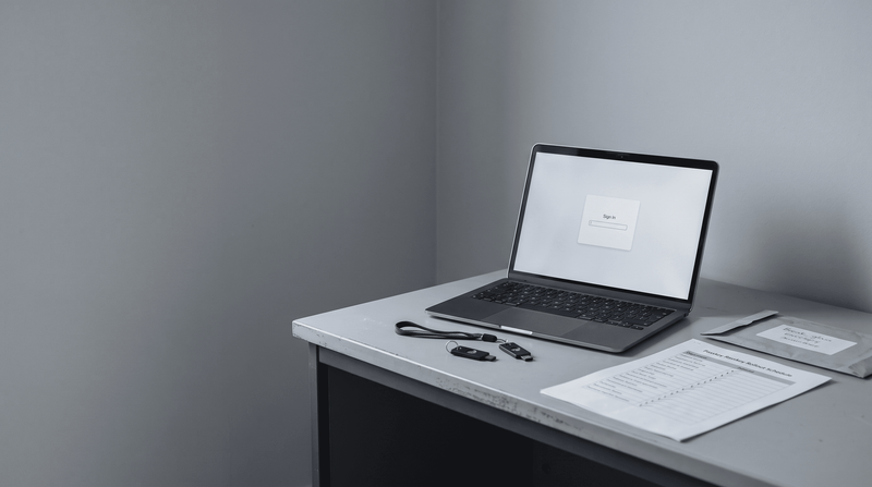 A laptop displaying a sign-in screen sits on a white desk next to papers, a pen, and two small black devices.