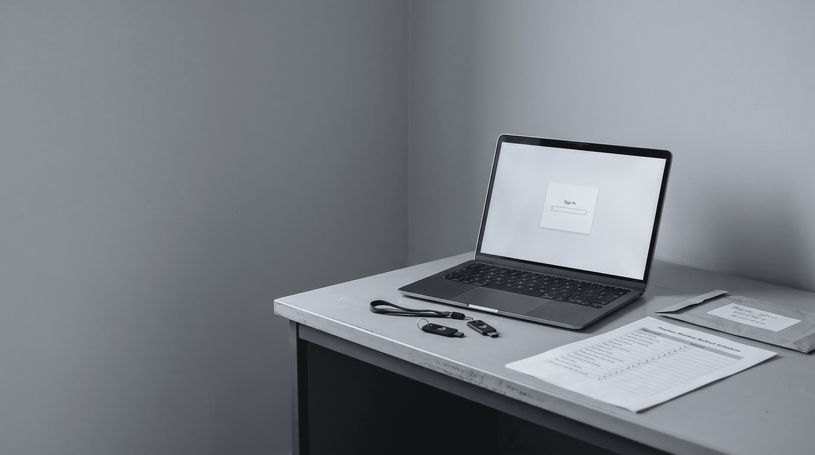 A laptop displaying a sign-in screen sits on a white desk next to papers, a pen, and two small black devices.