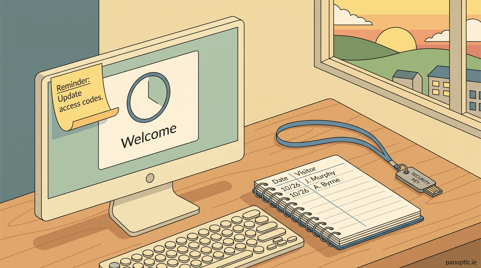 A desk with a computer monitor displaying a welcome screen, keyboard, visitor log notebook, and security badge on a lanyard.