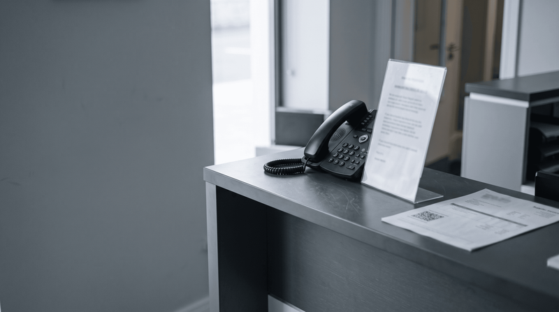 A black office desk phone with coiled cord and documents displayed on a stand beside scattered papers in a modern office space.