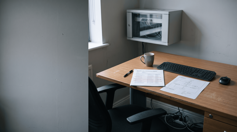 A wooden desk with a keyboard, mouse, coffee mug, documents, and pen, with a wall-mounted cabinet above and a window to the left.