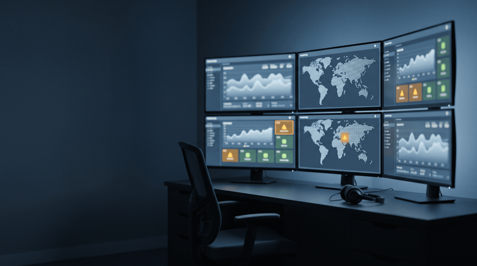 A desk with multiple monitors displaying data analytics dashboards, world maps, charts, and graphs with a chair and headphones nearby.