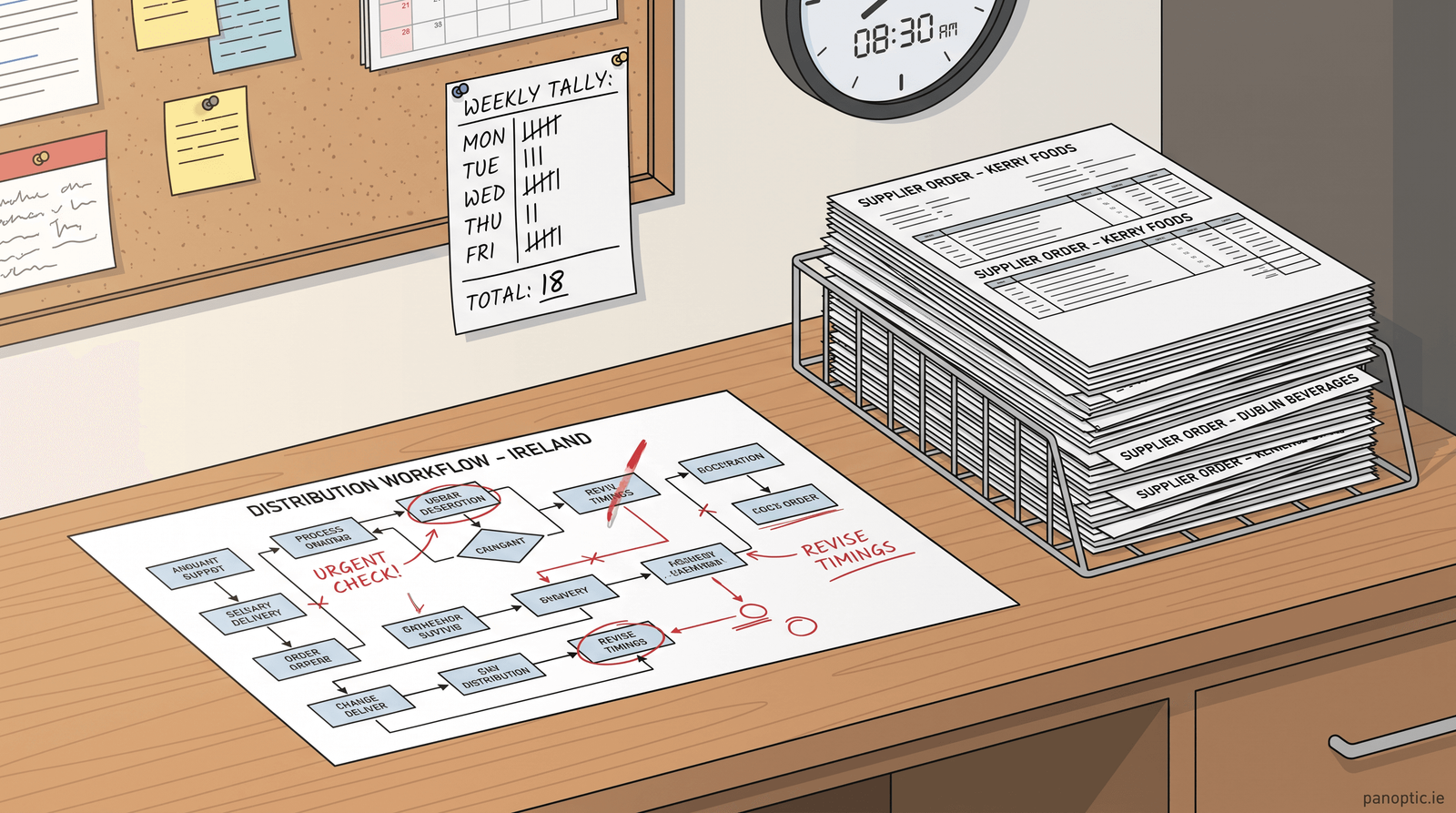 A desk with a workflow diagram, stacked supplier order forms, a weekly tally chart, a clock showing 8:30, and various papers on a cork board.