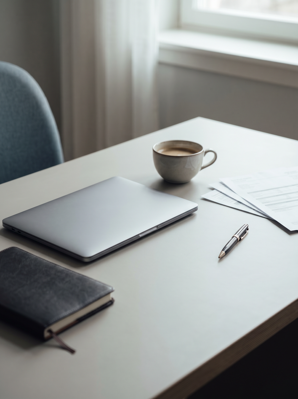 A tidy financial adviser's desk in morning light