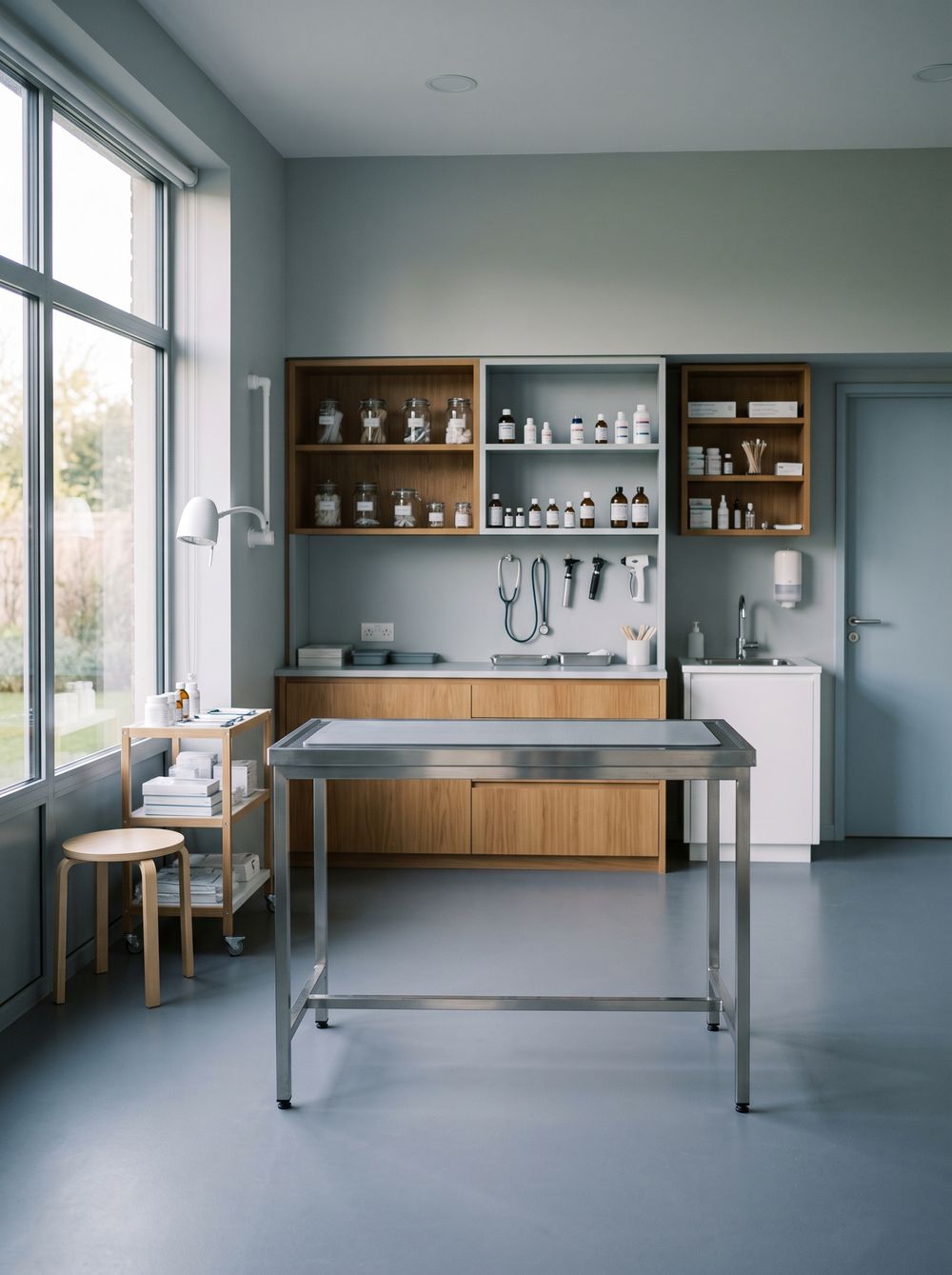 A clean, modern veterinary examination room ready for the day