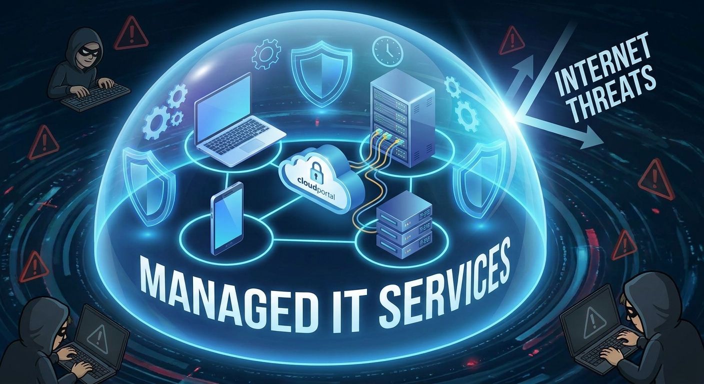 A glowing blue globe hologram above a data centre aisle, ringed by cloud, shield and support icons, with the words 'Managed IT Services for Business' across the centre.