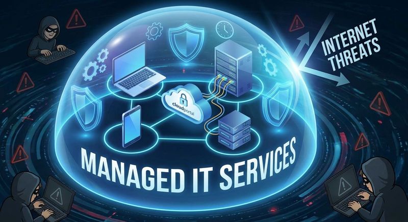A glowing blue globe hologram above a data centre aisle, ringed by cloud, shield and support icons, with the words 'Managed IT Services for Business' across the centre.