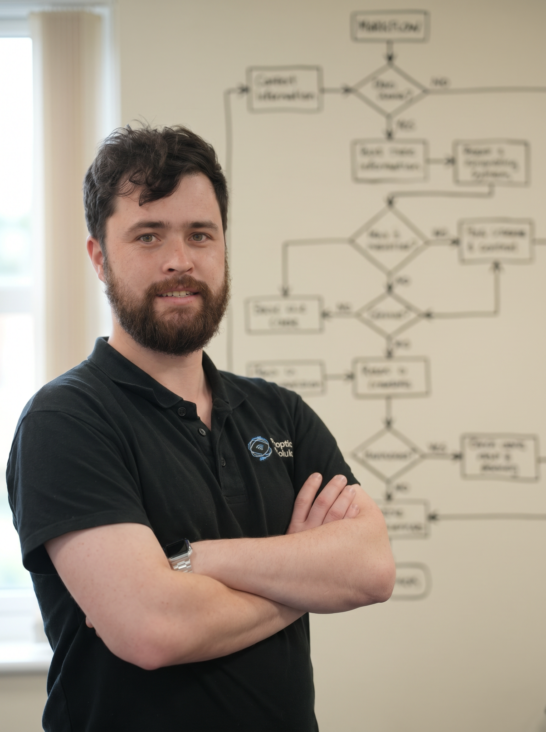 A Panoptic engineer in front of a hand-drawn workflow diagram