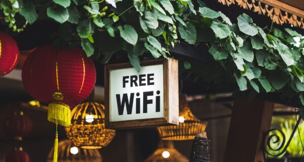 Free Wi-Fi sign hanging in traditional chinese street restaurant